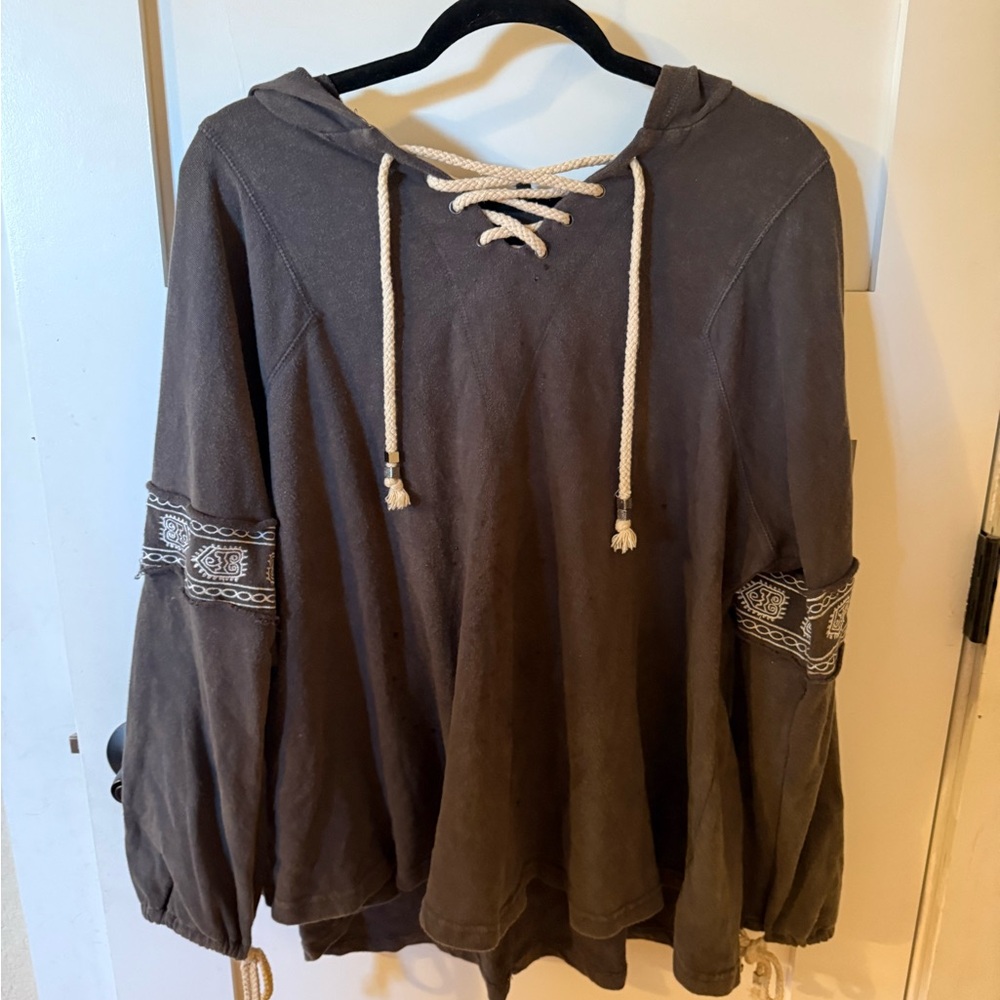 POL Women's Washed Charcoal Lace-Up Hoodie with Embroidered Sleeve Bands